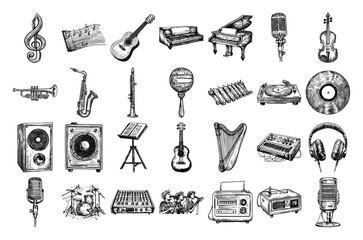 Music instruments and audio equipment doodle icon set vector