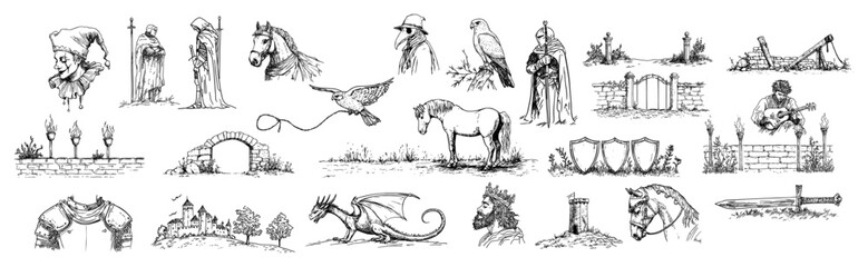 Medieval fantasy doodle icon set vector © Kaz