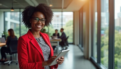Confident pro woman in red blazer smiles holding tablet. Diverse team works in modern office background. Businesswoman interacts with tech, focusing on teamwork and innovation.