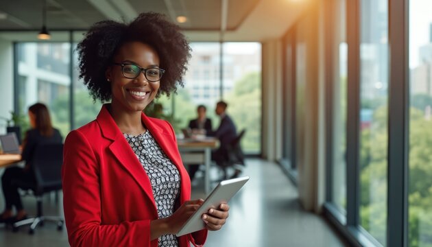 Confident pro woman in red blazer smiles holding tablet. Diverse team works in modern office background. Businesswoman interacts with tech, focusing on teamwork and innovation.