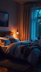 Serene Nighttime Bedroom Soft Lighting Illuminates Cozy Bed, Perfect for Relaxation and Sleep