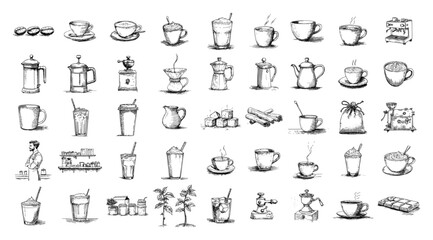 Hand drawn coffee and cafe elements icon set