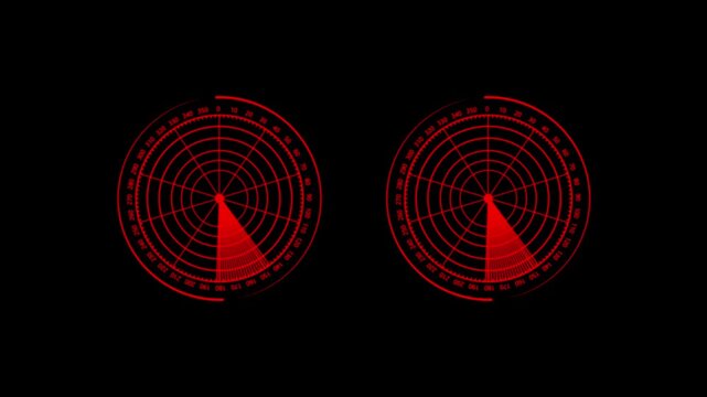 This glowing Red dual radar screen illustration represents detection, tracking, and scanning technology. The circular grids with rotating beams symbolize real-time monitoring systems used in aviatio