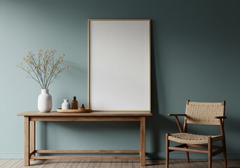 Minimalist interior scene with tall blank frame and woven chair