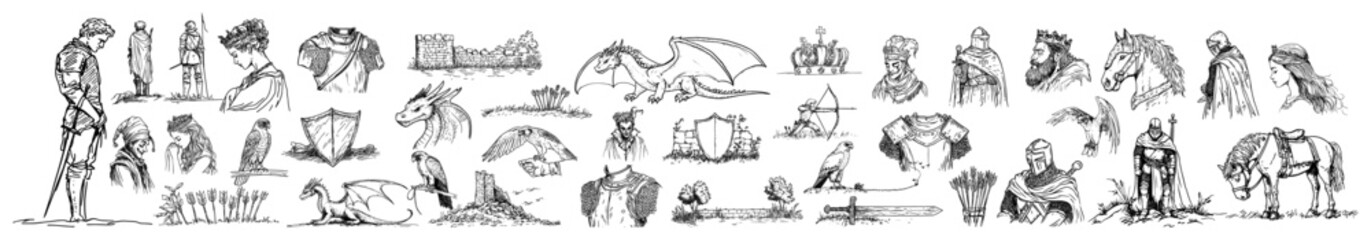 Medieval knights warriors castle and dragon sketch collection set