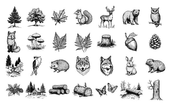 Forest animals trees and plants sketch collection set