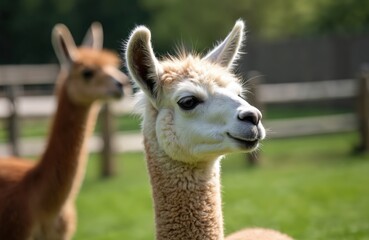 Obraz premium Llama portrait in grassy zoo enclosure, curious mammal with fluffy fur. Natural habitat, green field background, domestic animal, farm animal, petting zoo scene. Focus on peaceful llama looking