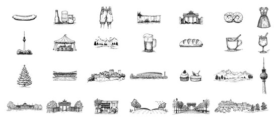Berlin city landmark doodle set with Brandenburg Gate TV Tower and beer