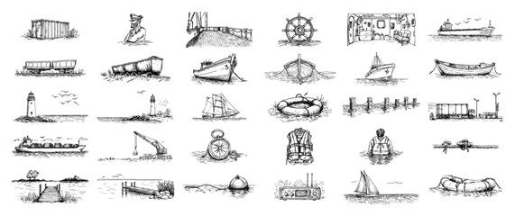 Harbor shipping doodle set with cargo ship lighthouse and crane © Kaz