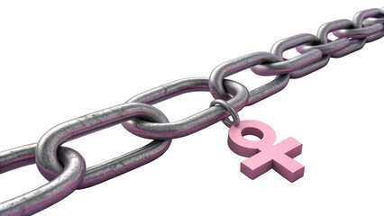 Obraz premium Pink venus symbol attached to a metal chain, isolated on transparent background