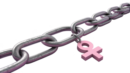 Pink venus symbol attached to a metal chain, isolated on transparent background