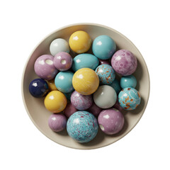 Photorealistic aerial top-down still life of diverse, multi-coloured abstract geometric forms and faceted gems in a minimalist light bowl with clean negative space, concept of innovative ideas and