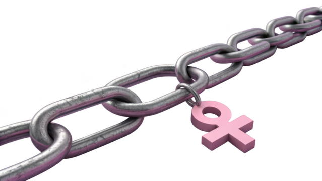 Pink venus symbol attached to a metal chain, isolated on transparent background