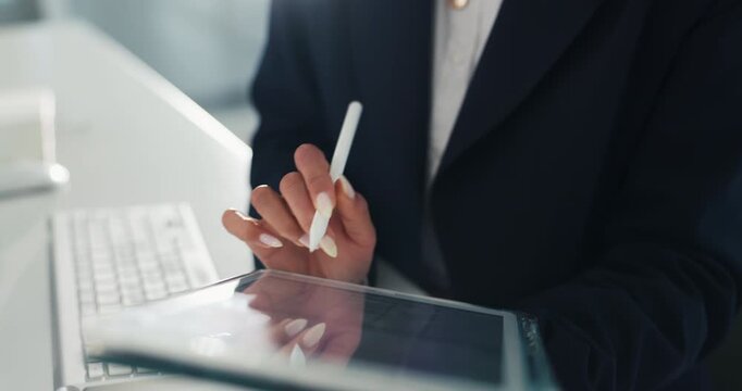 Hands, business and person writing with stylus for research, incident report or compliance form. Above, woman and tablet for insurance claim, risk assessment or policy coverage for client application