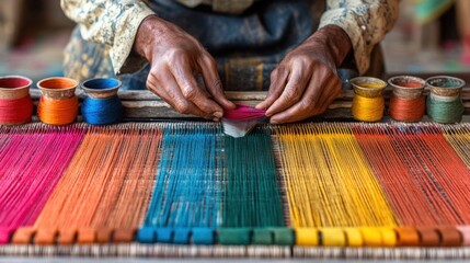 Indian craftsman working at handloom in workshop, colorful threads and natural dye pots