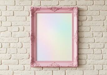 Ornate pink picture frame hanging on a white brick wall