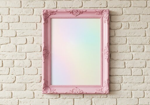Ornate pink picture frame hanging on a white brick wall