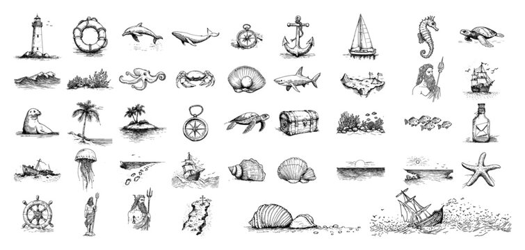 Nautical marine and sea adventure hand drawn icon collection