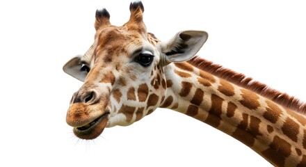Obraz premium Giraffe, Profile on White. Close-up shows warm brown spotted skin and detailed features. For educational materials, animal-themed designs, and safari tourism promotions.