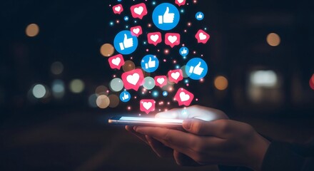 Hands holding a phone with social media likes and hearts floating around it at night.
