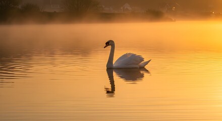 Fototapeta premium Golden sunrise lights a white swan swimming on a misty lake for nature posters or travel ads.