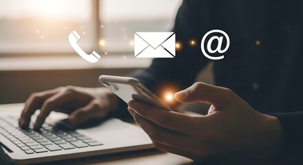 Person using laptop and smartphone, contacting via phone, email, and online messaging.