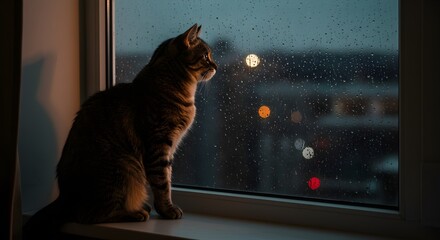 Plakat Brown tabby sits on windowsill, views rainy night. Moody, atmospheric, bokeh effect. Ideal for pet products, animal shelters, and lifestyle content.