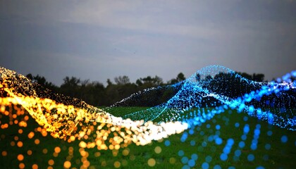 Abstract landscape with flowing, digital particles