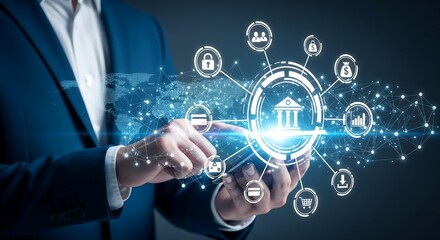 A man in a suit interacts with a digital interface displaying banking and security icons on a tablet.