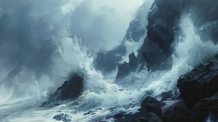 Powerful ocean waves crashing against the rocky cliffs on a stormy day