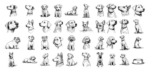 Dog breed portrait doodle set with labrador bulldog beagle and pug