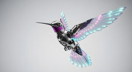 Metallic robot hummingbird flies with glowing wings. Sci-fi illustration, technology branding, posters, digital art.