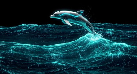 Cyberpunk Dolphin leaps in glowing blue waves against a dark background for sci-fi posters or tech branding.