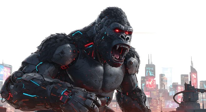 Robotic black Gorilla with red eyes stands over futuristic city. Use for sci-fi posters, gaming backgrounds, or digital designs.