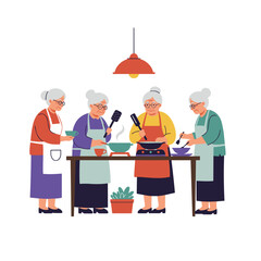 Elderly women cooking together in a kitchen with colorful aprons  
