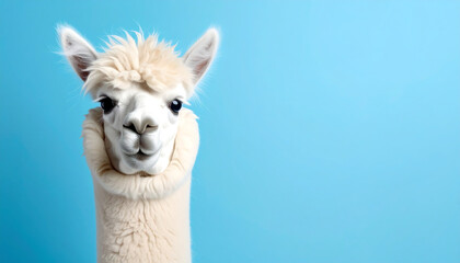Curious alpaca portrait on light blue—fluffy white coat, upright ears, and expressive gaze in clean minimal style.