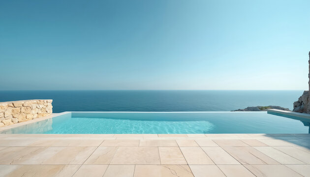 Calm ocean view from beige stone patio. Infinity pool with turquoise water under clear blue sky. Serene summer vacation scene, perfect for relaxation and travel inspiration. Minimalist elegant design.