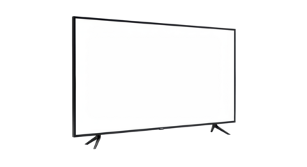 A sleek black flat-screen TV with ultra-thin bezels & blank white screen, 3/4 view, isolated on a transparent high-key studio background. Concept of digital display potential