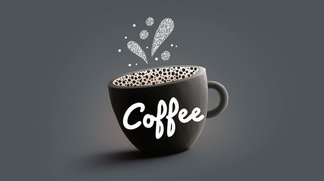 Coffee cup with splash elements and bold lettering. Dark backdrop enhances visibility of design. Concept of beverage marketing, coffee shop branding, food creativity - Powered by Adobe