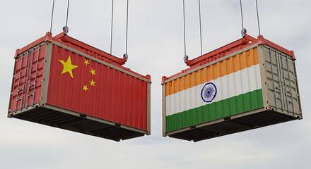 China&ndash;India Trade Relations Concept with Cargo Containers in the Sky. Trade Tensions and Cooperation. Global Business and Logistics &ndash; China and India Trade Symbolism.