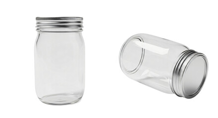 Empty Glass Mason Jars with Silver Lids Two Views.