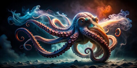 Obraz premium Octopus with tentacles unfurled amidst swirling smoke and vibrant, glowing light cephalopod