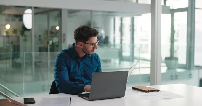 Business, man and laptop with document in office for accounting, finance report and company budget. Male person, PC and paperwork for financial comparison, funding information and investment proposal