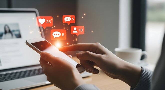 Person using smartphone, interacting with social media notifications, laptop in background.