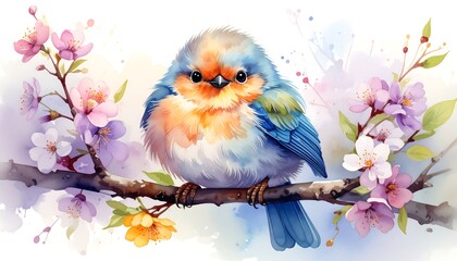 Cute bird amidst blossoms