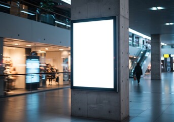 Blank digital display screen mounted on a pillar in a modern shopping mall