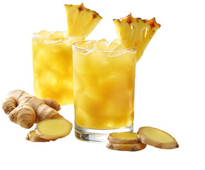Invigorating ginger pineapple juice with ice and fresh fruit garnish, a vibrant tropical fusion perfect for healthy refreshment and wellness promotion