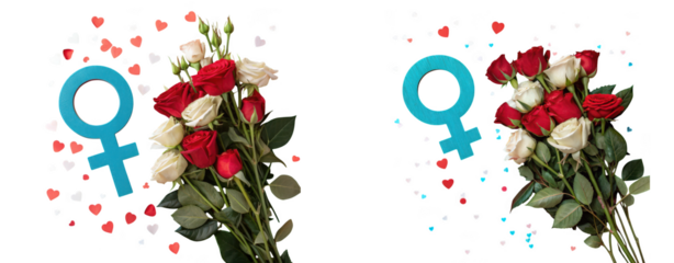 Two bouquets of red and white roses with female gender symbols and confetti isolated on transparent background