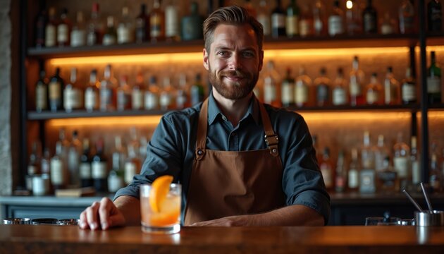Friendly bartender smiles behind counter at dimly lit bar, preparing cocktail with orange garnish. Shelves stocked with numerous liquor bottles create warm atmosphere in restaurant pub setting.