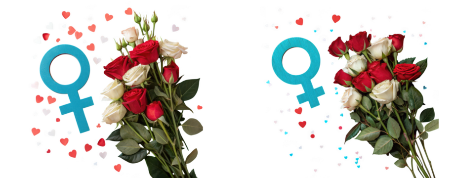 Two bouquets of red and white roses with female gender symbols and confetti isolated on transparent background